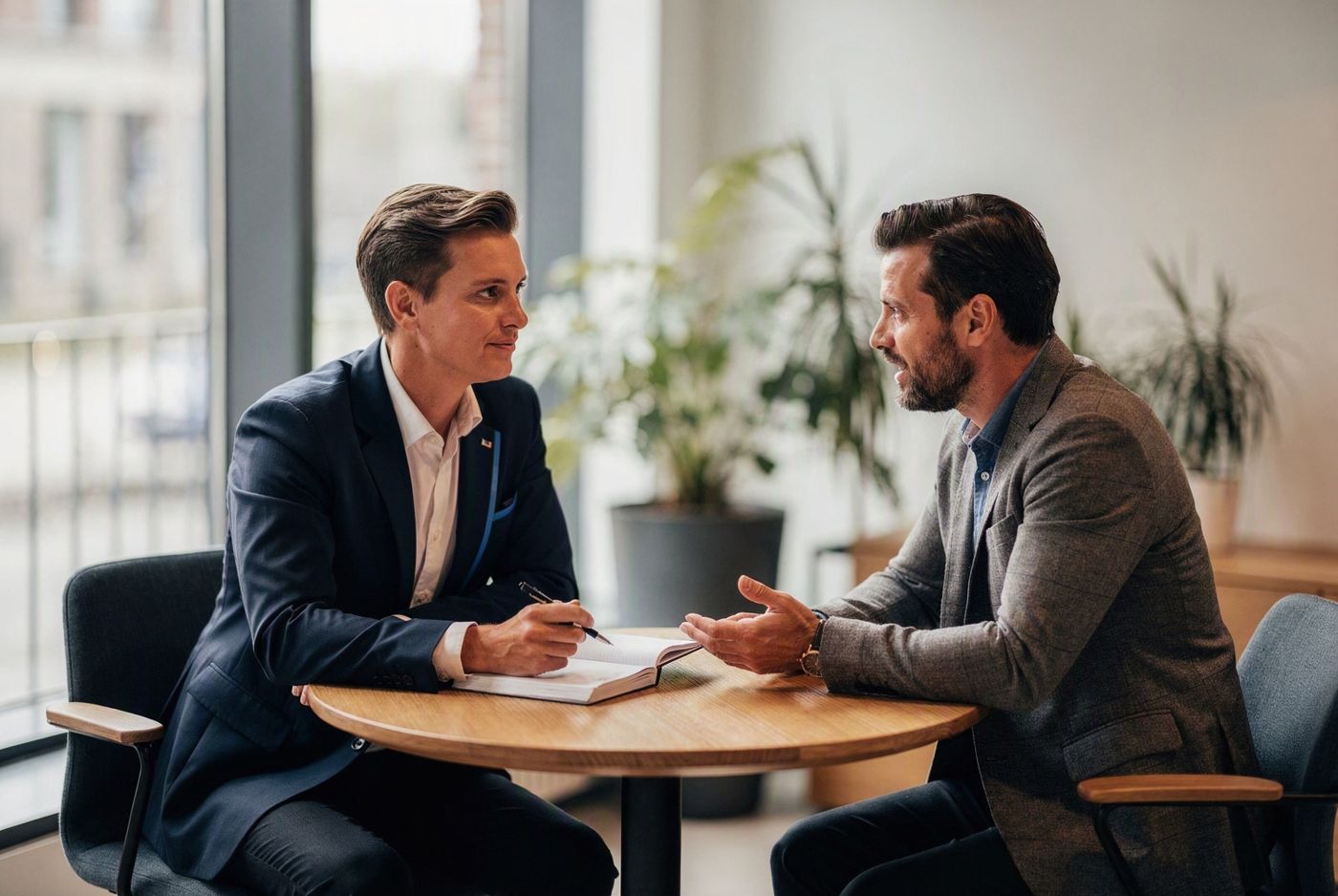 Consultant luistert naar een ondernemer aan een ronde tafel bij het raam